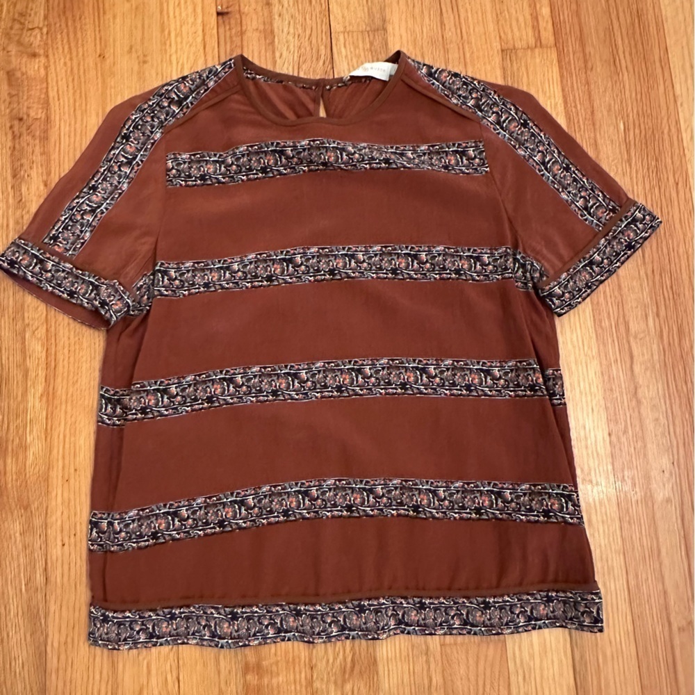 Tory Burch SILK Rust Brown Striped Floral Pattern tee Boho Size 4 (#)